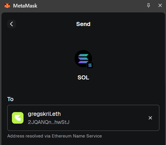 MetaMask Wallet correctly resolves the Solana address for gregskril.eth
